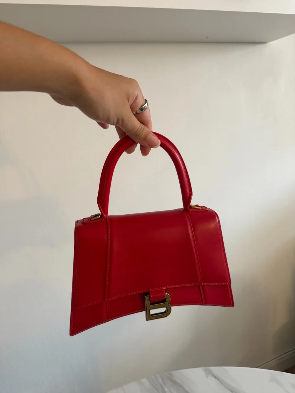 Balenciaga Red Hourglass Top Handle Satchel with Gold 'B' Logo